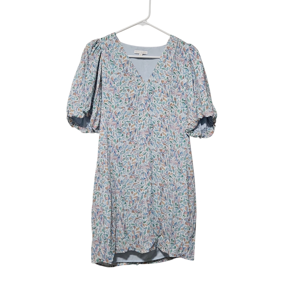 Anna Cate Tiny Floral Blue V-Neck Mini Dress Puff Sleeves Size XS